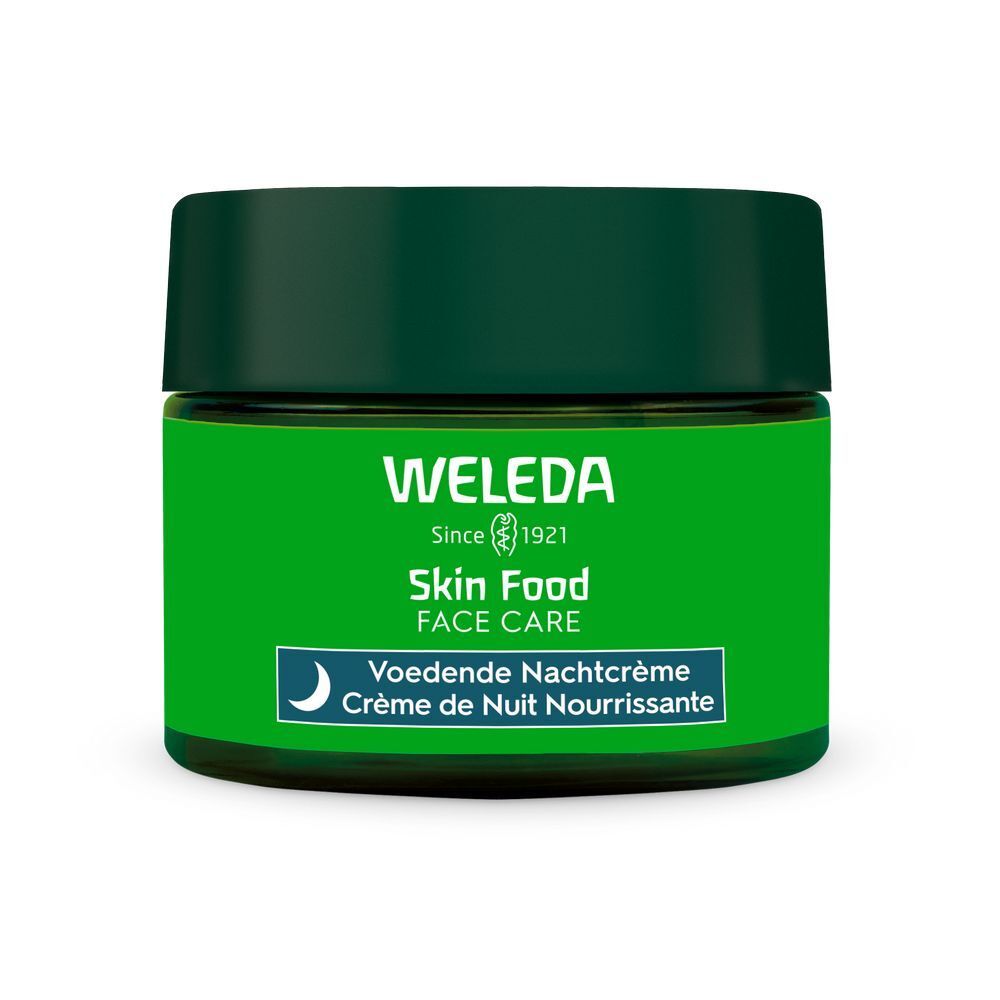 Grünes Tiegel mit Deckel. Aufschrift: WELEDA, Skin Food, Face Care, Voedende Nachtcrème, Crème de Nuit Nourrissante.