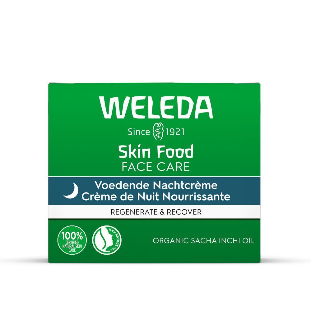 Grüne Verpackung mit Aufschrift: WELEDA, Skin Food, Face Care, Voedende Nachtcrème, Crème de Nuit Nourrissante, Regenerate & Recover.