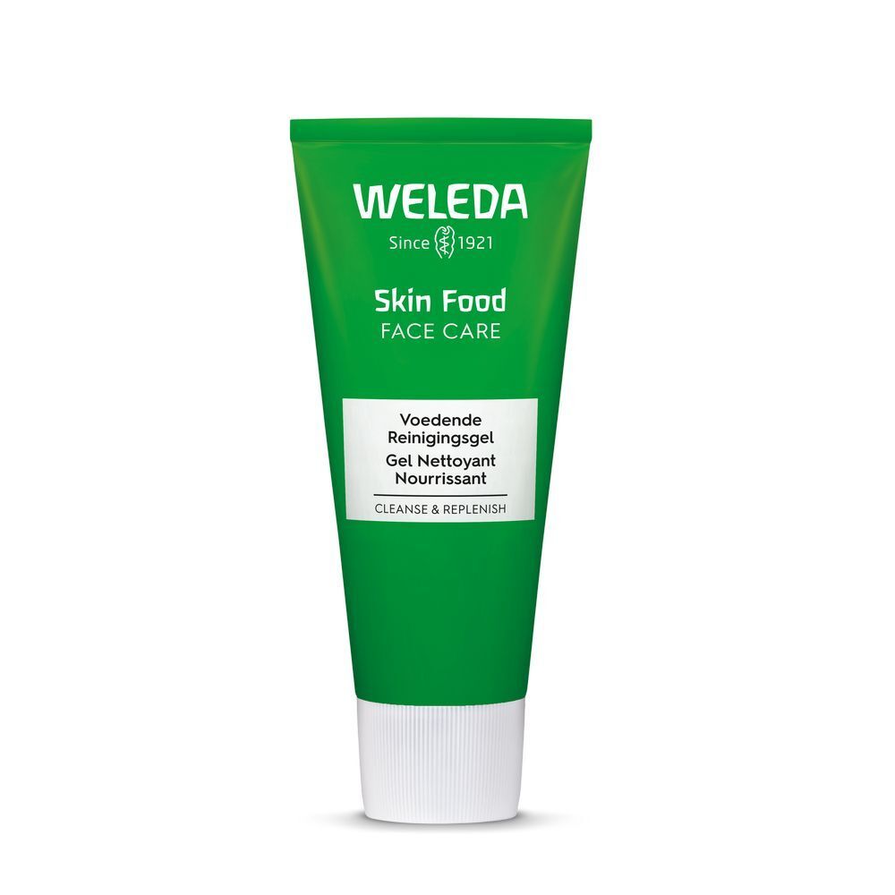 Grüne Tube mit weißem Verschluss. Aufschrift: WELEDA, Skin Food, Face Care, Reinigungs-Gel. Zertifizierungen.
