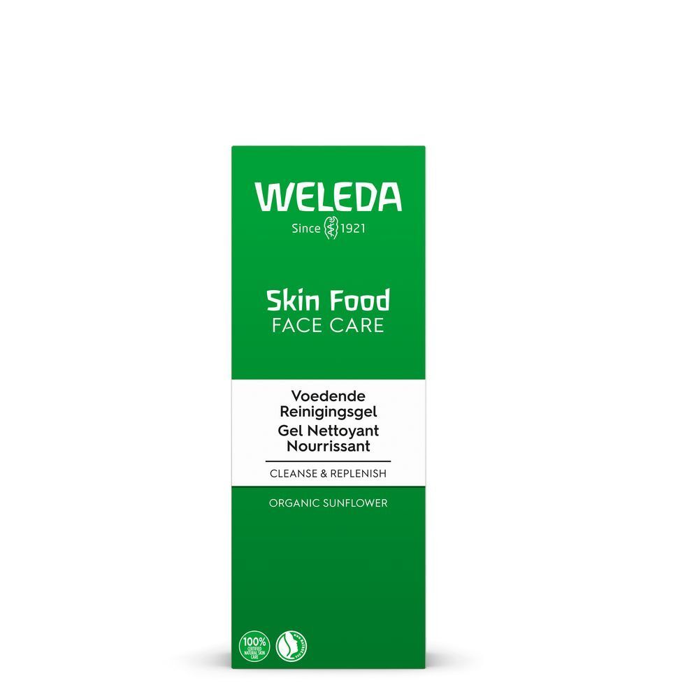 Grüne Verpackung mit weißer Schrift. Aufschrift: WELEDA, Skin Food, Face Care, Reinigungs-Gel. Zertifizierungen.