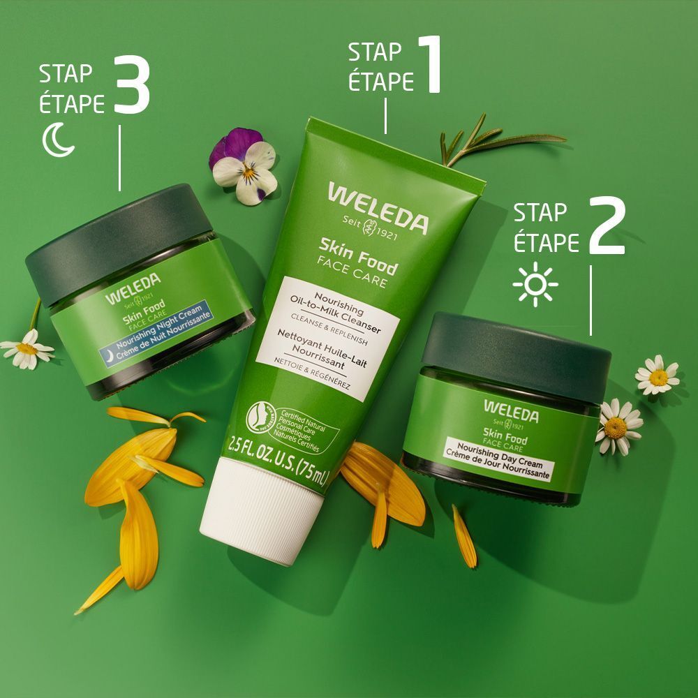 Drei grüne Tiegel und eine Tube auf grünem Untergrund. Aufschrift: WELEDA, Skin Food. Blüten und Kräuter.