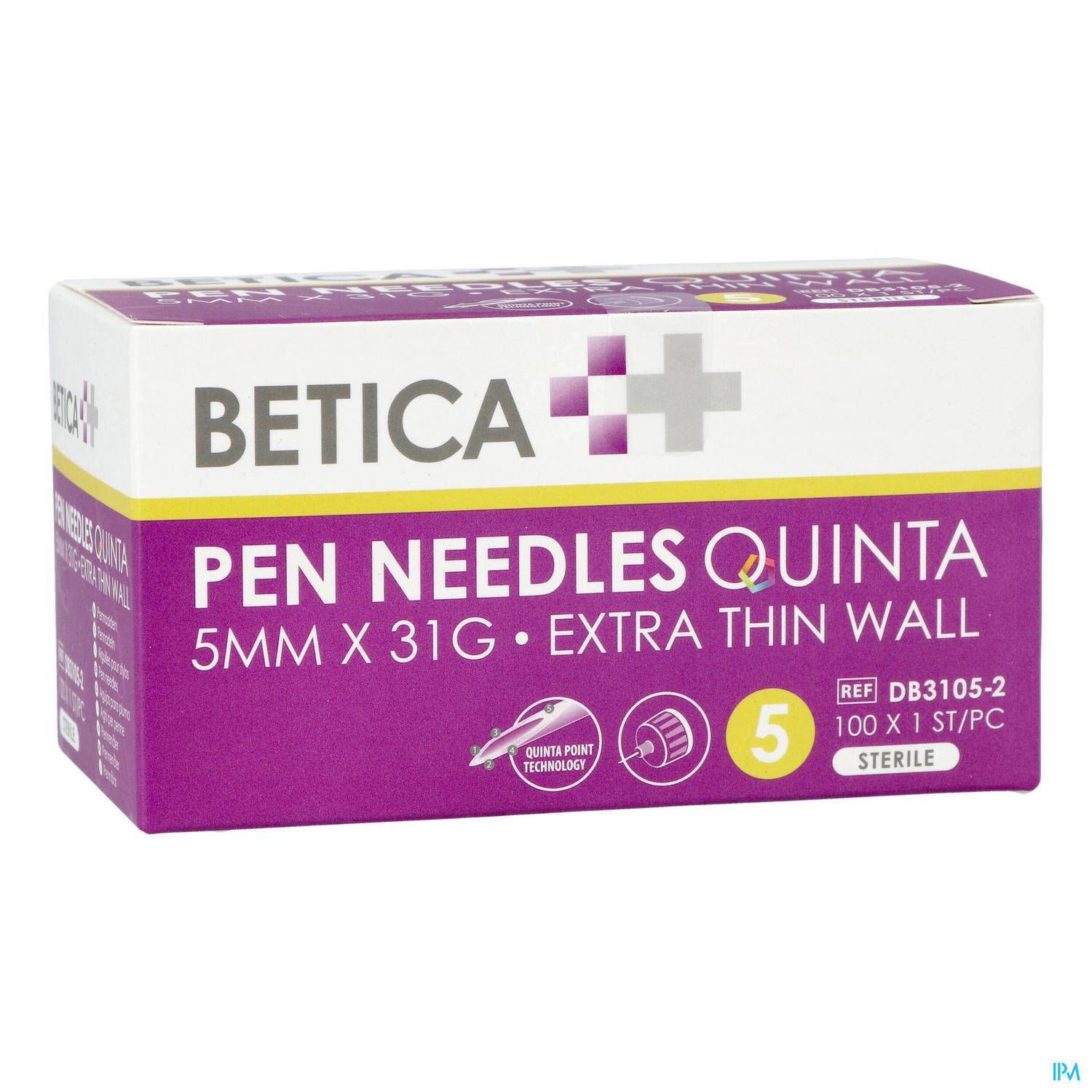 Aiguilles pour stylos Betica Quinta. Boîte de 100 aiguilles stériles. Taille : 5mm x 31G. Paroi extra-fine.