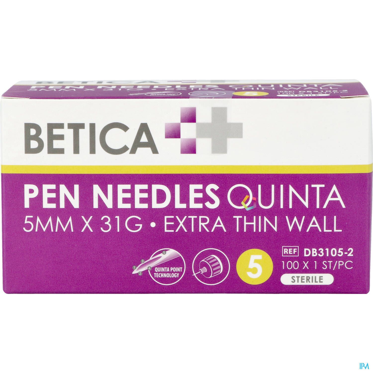 Aiguilles pour stylos Betica Quinta. Boîte de 100 aiguilles stériles. Taille : 5mm x 31G. Paroi extra-fine.