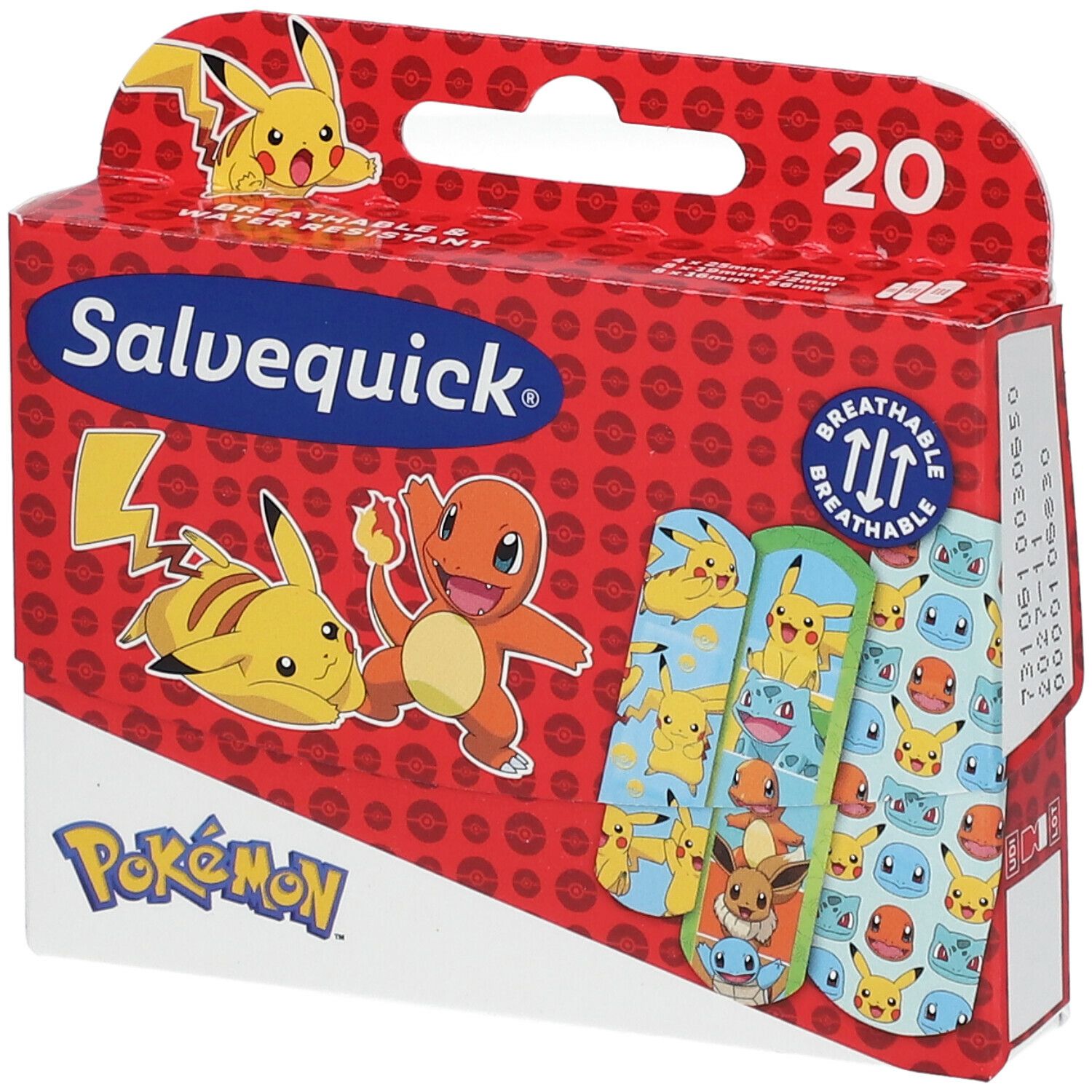 Salvequick® Pokémon pleisterdoos. Rode verpakking met Pokémon figuren en 20 pleisters. Ademend.