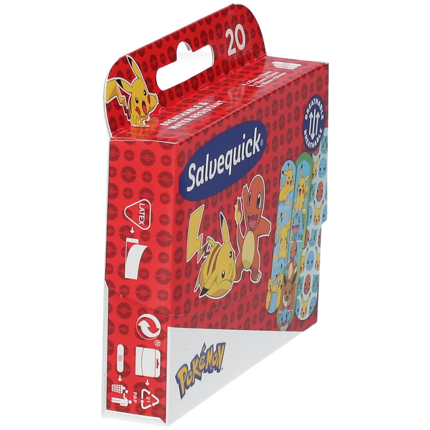 Salvequick® Pokémon pleisterdoos, rode verpakking. Pokémon figuren en 20 pleisters. Zichtbare kant met tekst en figuren.