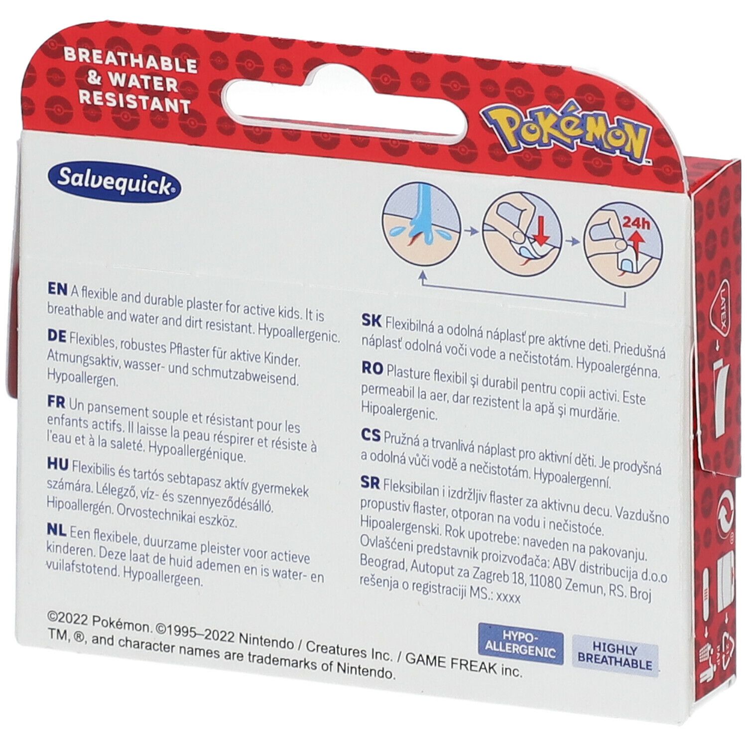 Achterkant van de Salvequick® Pokémon pleisterdoos. Tekst in meerdere talen. Illustraties voor gebruik. Hypoallergeen.