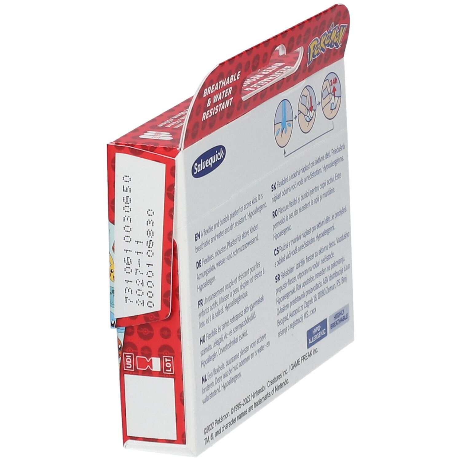 Zijaanzicht van de Salvequick® Pokémon pleisterdoos. Rode verpakking met tekst en illustraties. Hypoallergeen.