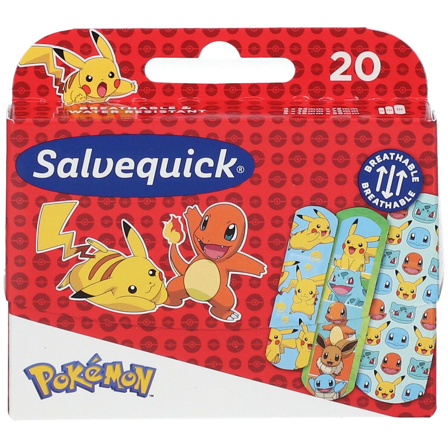 Salvequick® Pokémon pleisterdoos. Rode verpakking met Pokémon figuren en 20 pleisters. Ademend.