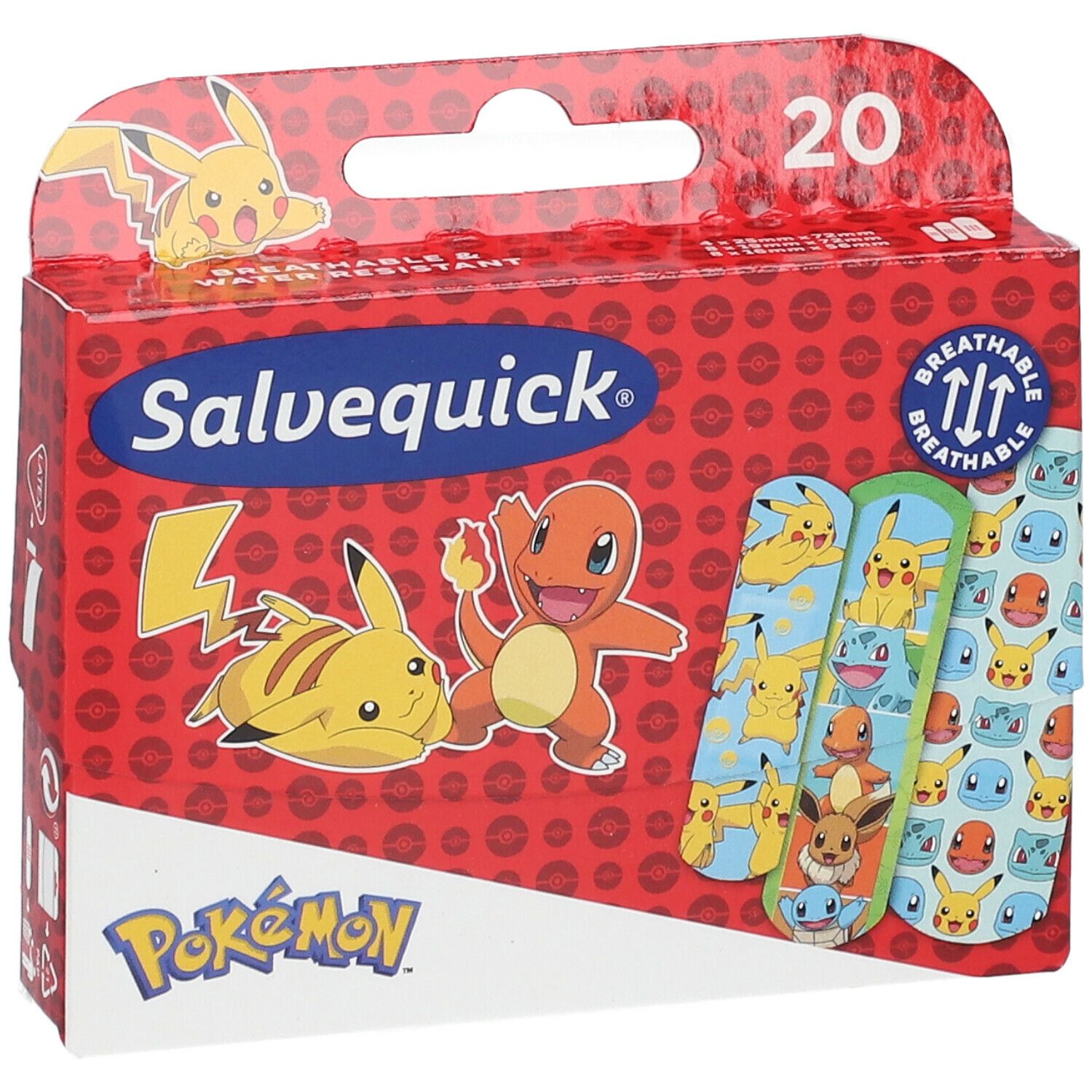 Salvequick® Pokémon pleisterdoos. Rode verpakking met Pokémon figuren en 20 pleisters. Ademend.