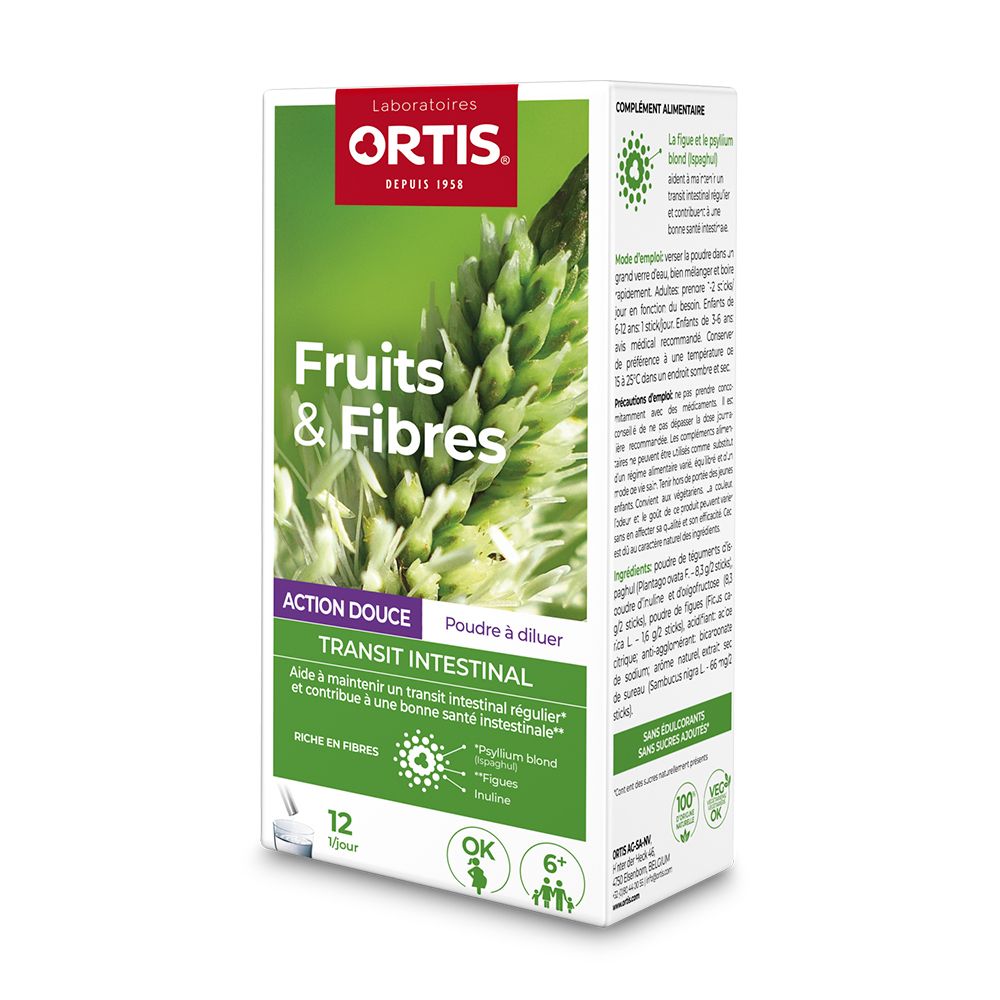 ORTIS® Früchte & Ballaststoffe. Karton mit grüner Grafik und Produktnamen. 12 Beutel. Text: Transit Intestinal, Action Douce.