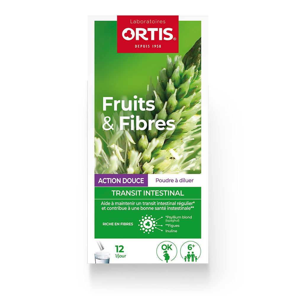 ORTIS® Früchte & Ballaststoffe. Karton mit Produktnamen und grüner Grafik. 12 Beutel. Text: Transit Intestinal, Action Douce.