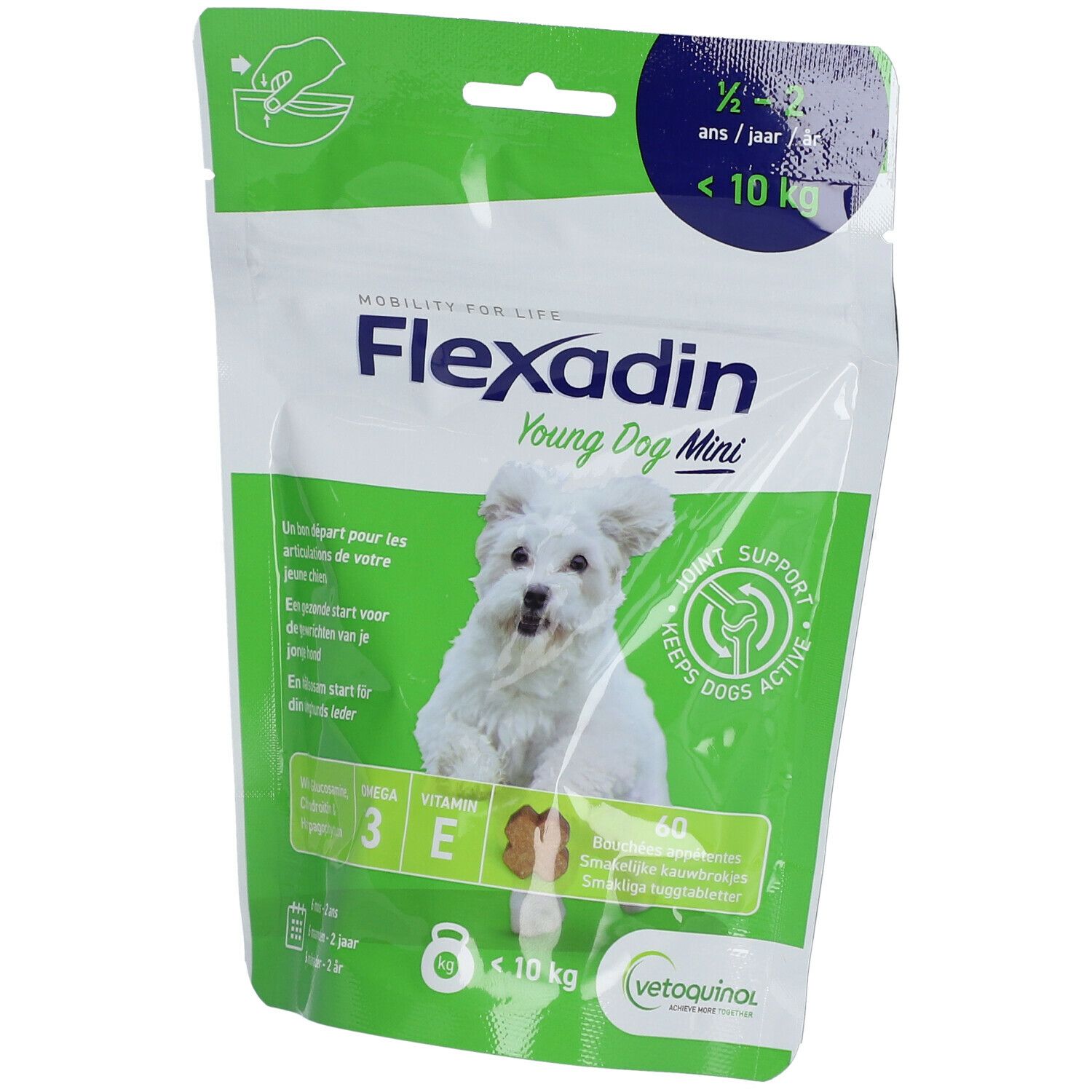 Flexadin Young Dog Mini. Sachet avec chien sur fond vert. Contient 60 comprimés à croquer. Pour chiens de 6 mois à 2 ans.
