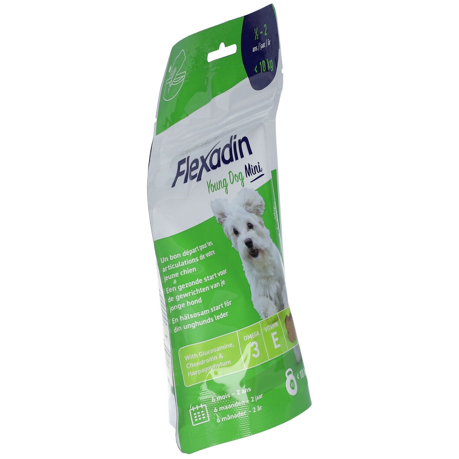 Flexadin Young Dog Mini. Emballage incliné avec chien. Pour chiens jusqu'à 18 kg. Contient 60 comprimés à croquer.