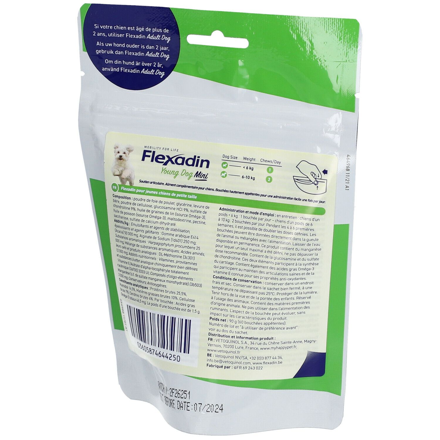 Dos du paquet Flexadin Young Dog Mini. Contient des informations sur les ingrédients et l'utilisation. A consommer de préférence avant 07/2024.