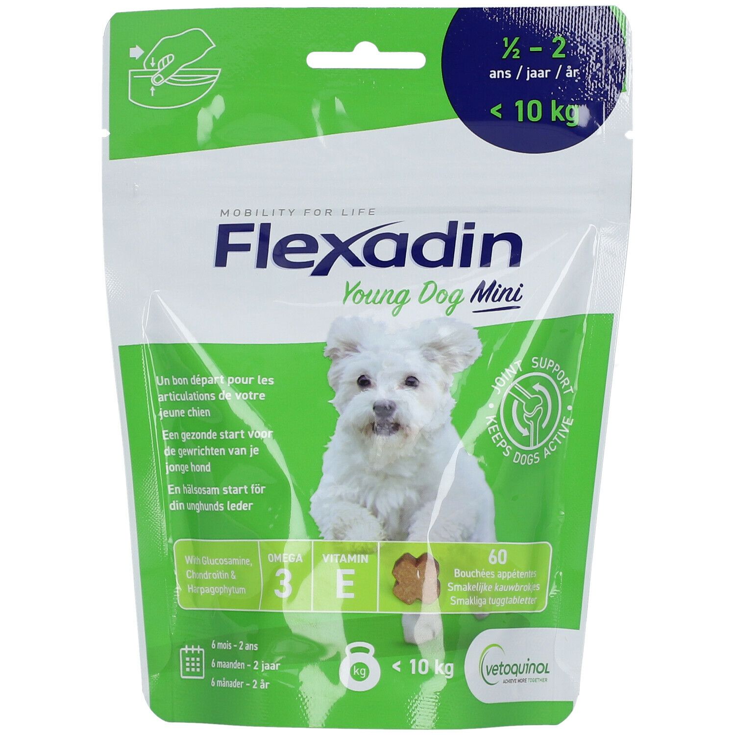 Flexadin Young Dog Mini. Sachet avec chien sur fond vert. Contient 60 comprimés à croquer. Pour chiens de 6 mois à 2 ans.