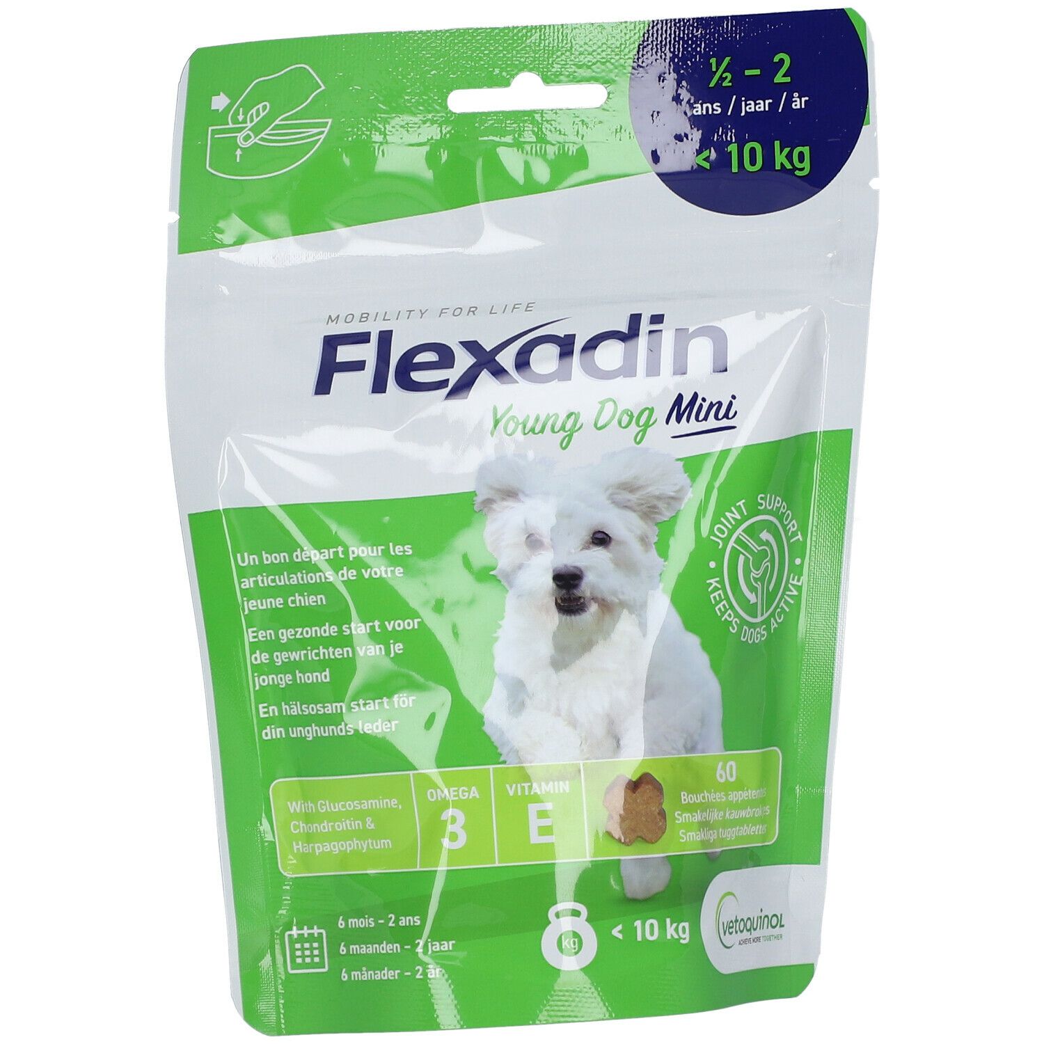 Flexadin Young Dog Mini. Sachet avec chien sur fond vert. Contient 60 comprimés à croquer. Pour chiens de 6 mois à 2 ans.