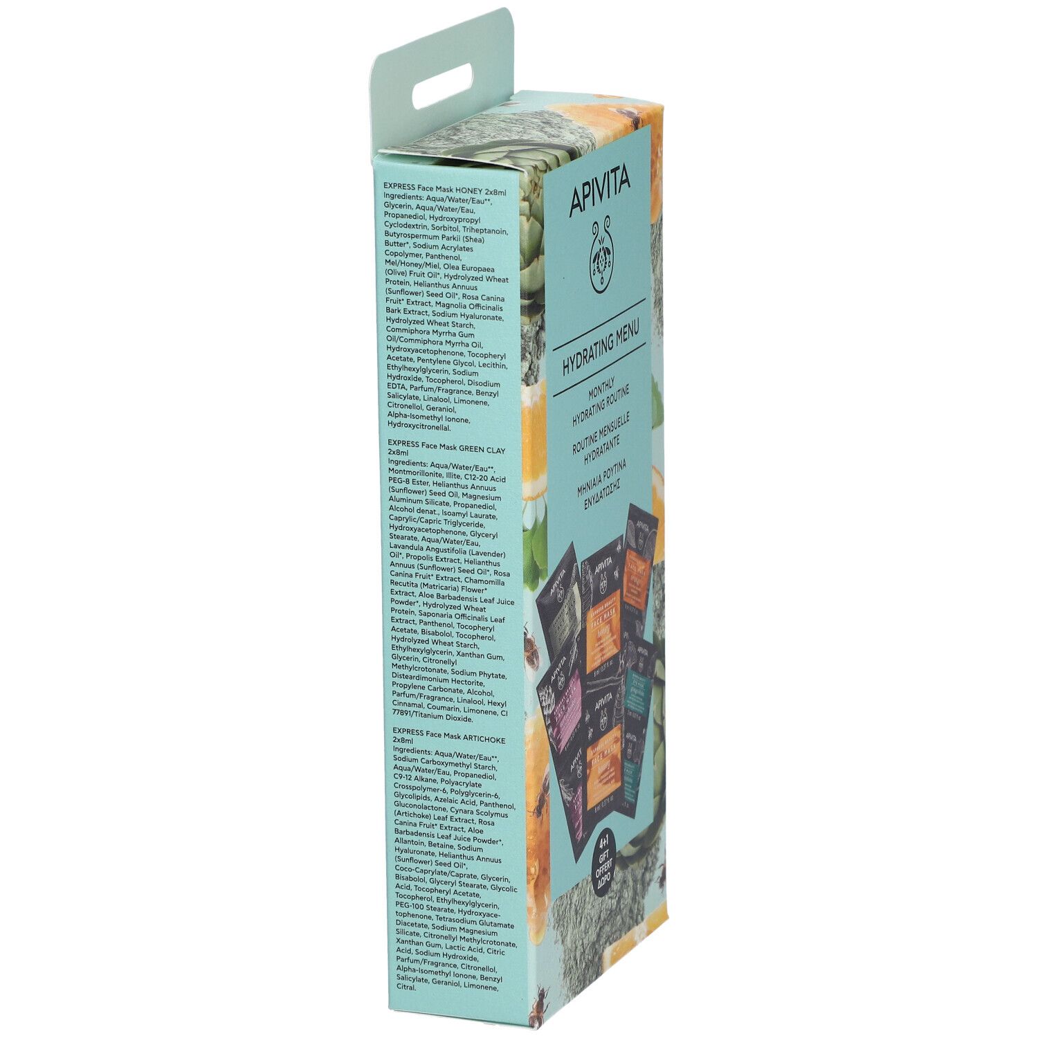 Boîte en carton étroite et haute. Inscriptions : APIVITA, Hydrating Menu. Listes d'ingrédients et informations.