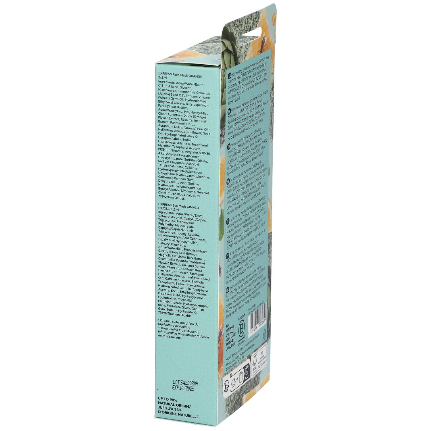 Côté de la boîte en carton. Inscriptions : APIVITA, Hydrating Menu. Informations produit et date de péremption.