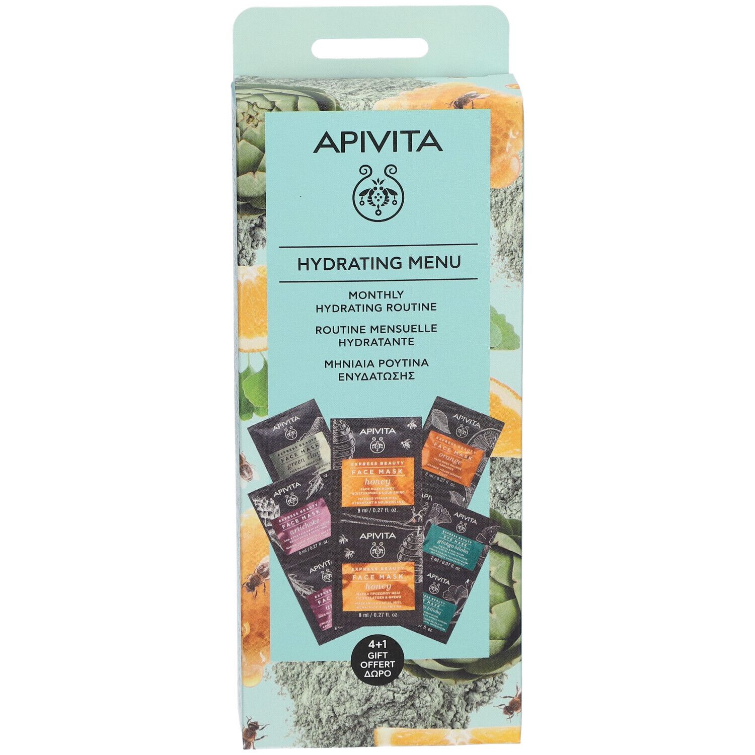 Boîte en carton avec sachets de produit. Inscriptions : APIVITA, Hydrating Menu. 4+1 Offert.