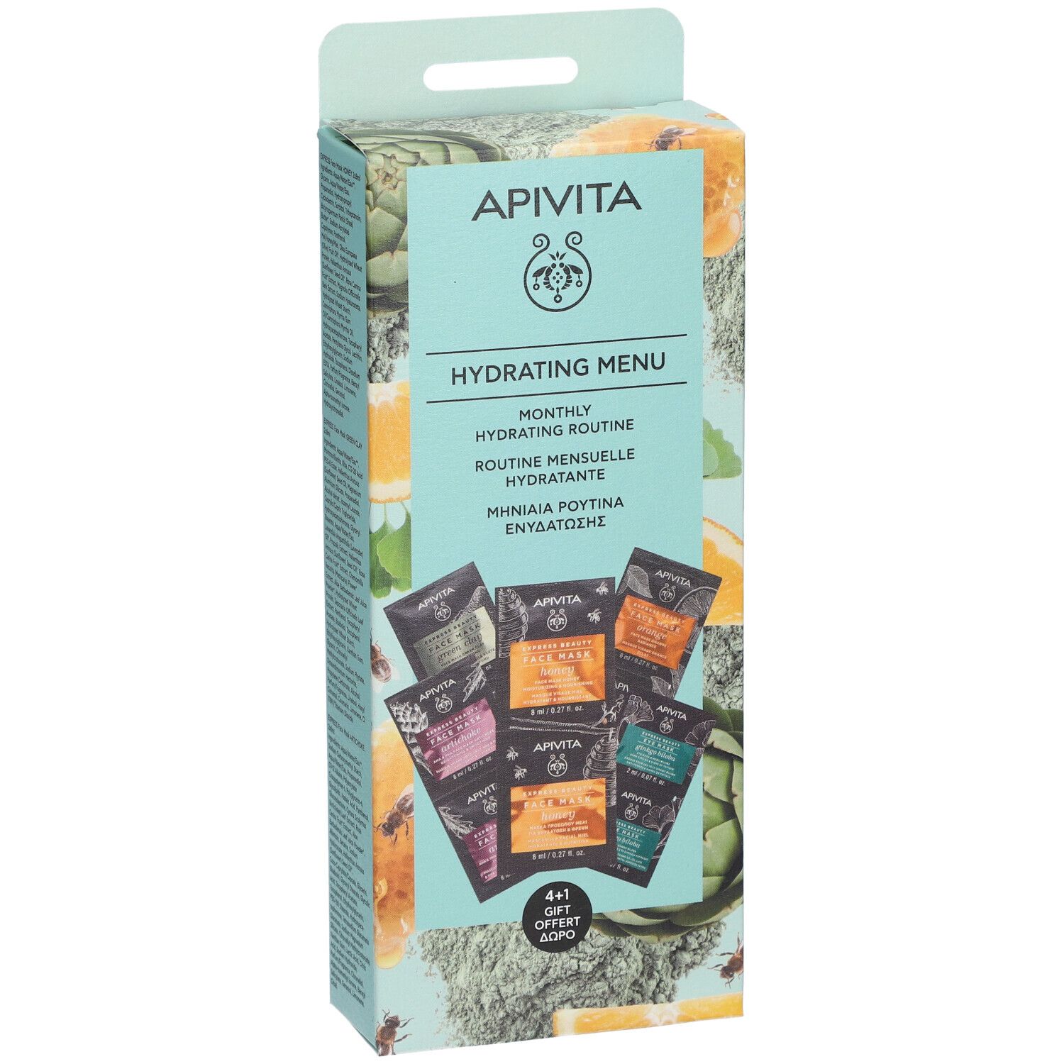 Boîte en carton avec sachets de produit. Inscriptions : APIVITA, Hydrating Menu. 4+1 Offert.
