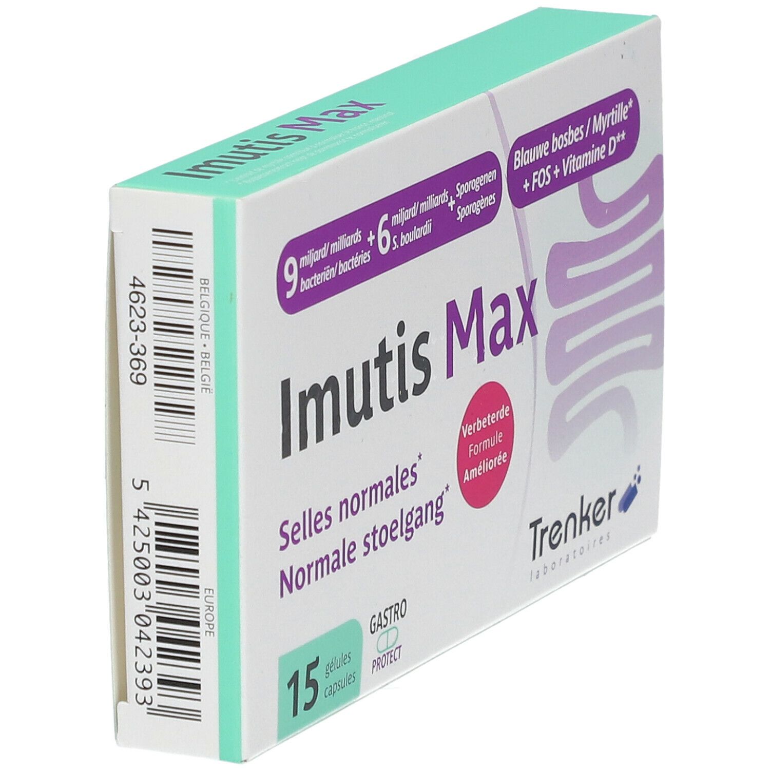 Doosje "Imutis Max" in perspectief. Streepjescode en tekst op de zijkant. Bevat 15 capsules. Opschriften: "Selles normales", "Normale stoelgang".