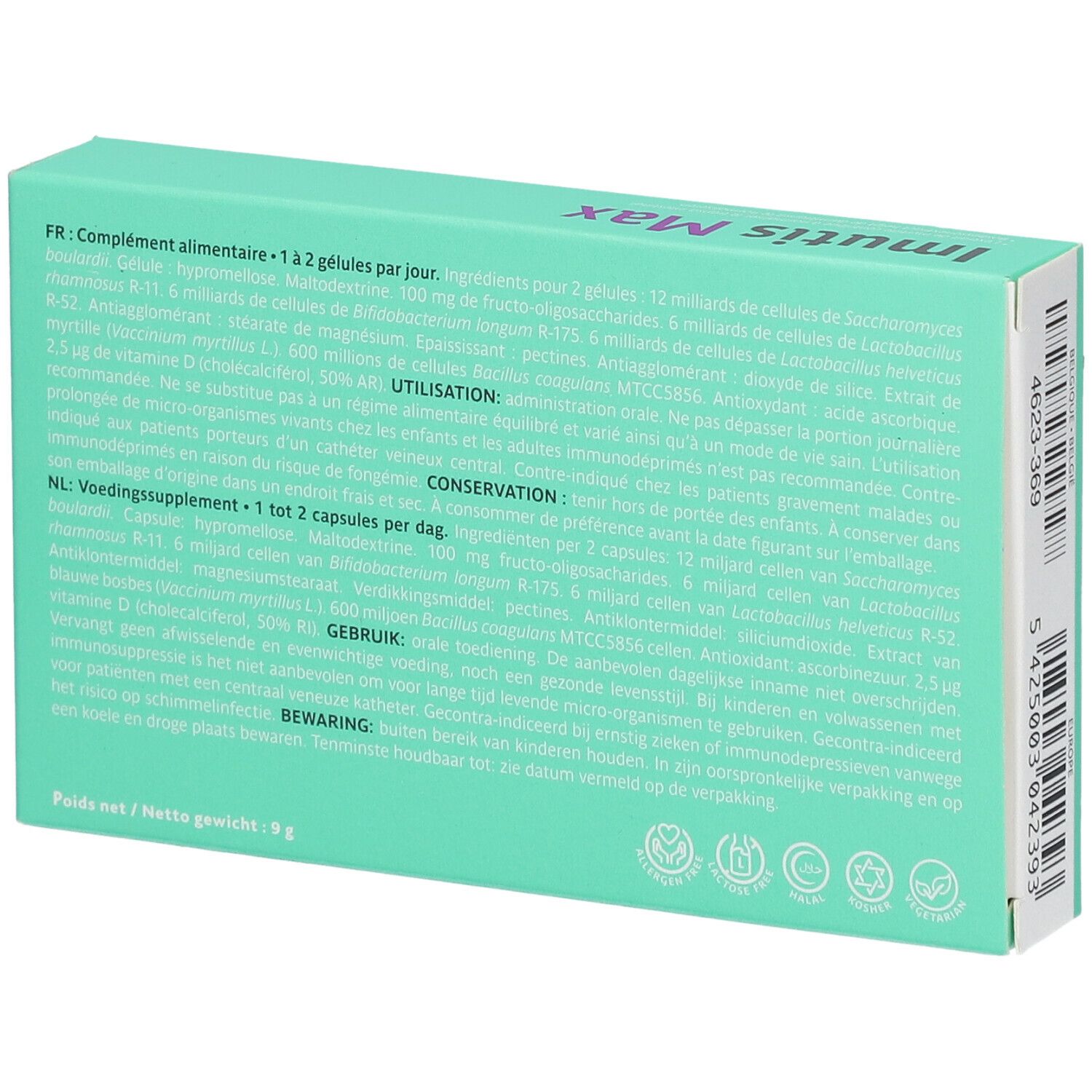 Achterkant van de verpakking "Imutis Max". Tekst in het Frans en Nederlands. Bevat informatie over ingrediënten en gebruik.
