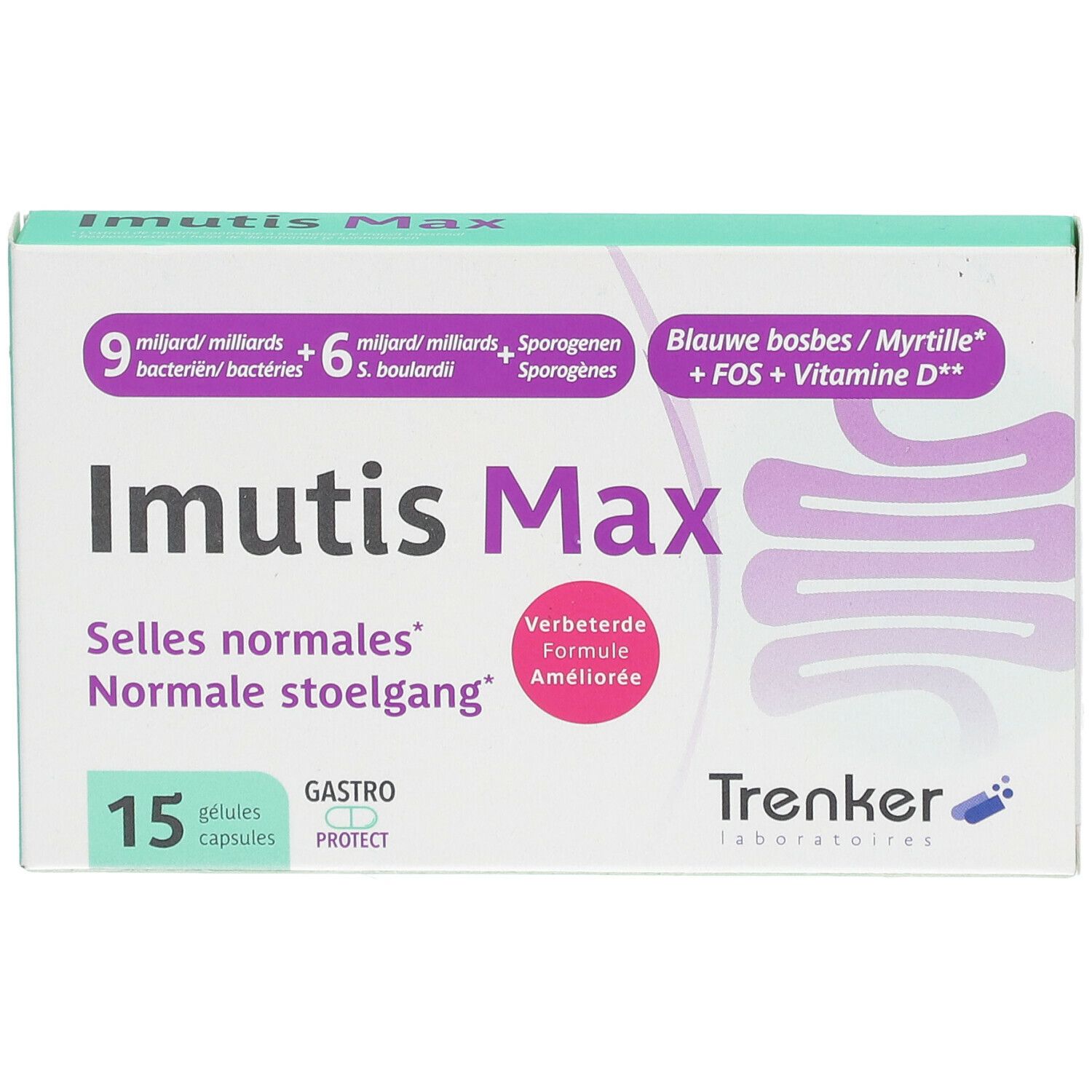 Doosje "Imutis Max" met 15 capsules. Opschriften: "Selles normales", "Normale stoelgang". Bevat 9 miljard bacteriën.