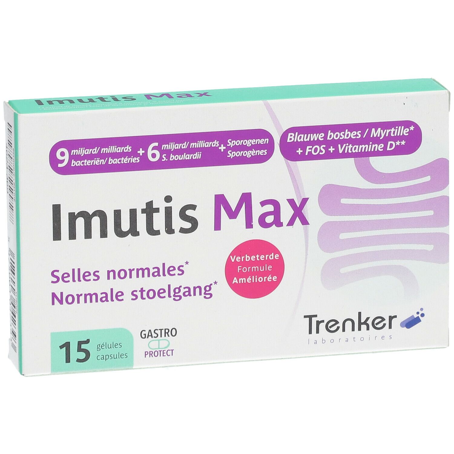 Doosje "Imutis Max" met 15 capsules. Opschriften: "Selles normales", "Normale stoelgang". Bevat 9 miljard bacteriën.