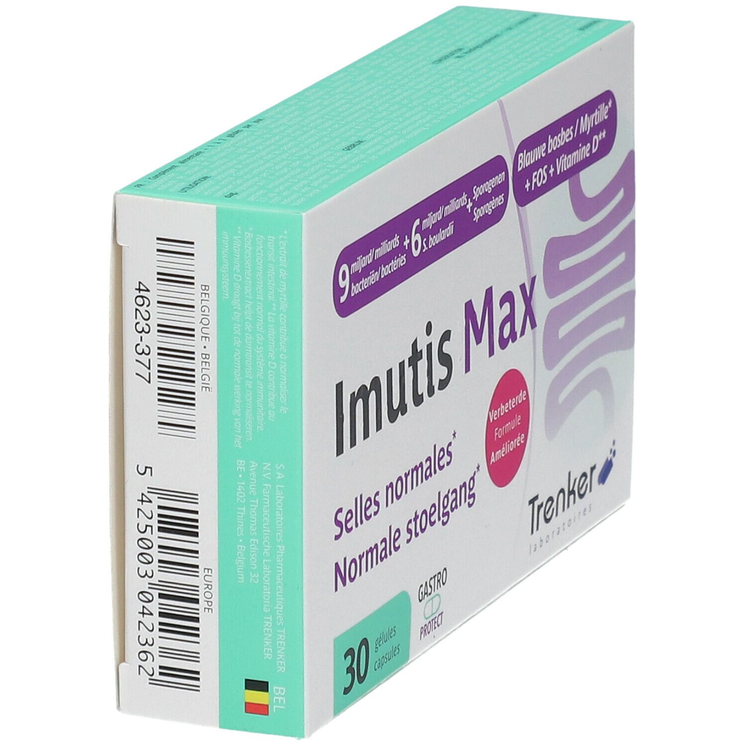 Doos Imutis Max, zijaanzicht. Opschrift: 30 capsules, Gastro Protect. Merk Trenker.