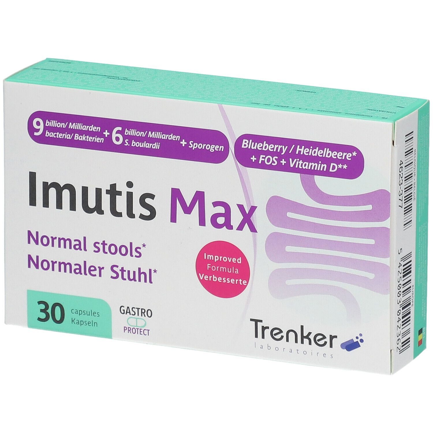 Doos Imutis Max met 30 capsules. Opschrift: Normal stools, Normaler Stuhl. Merk Trenker.