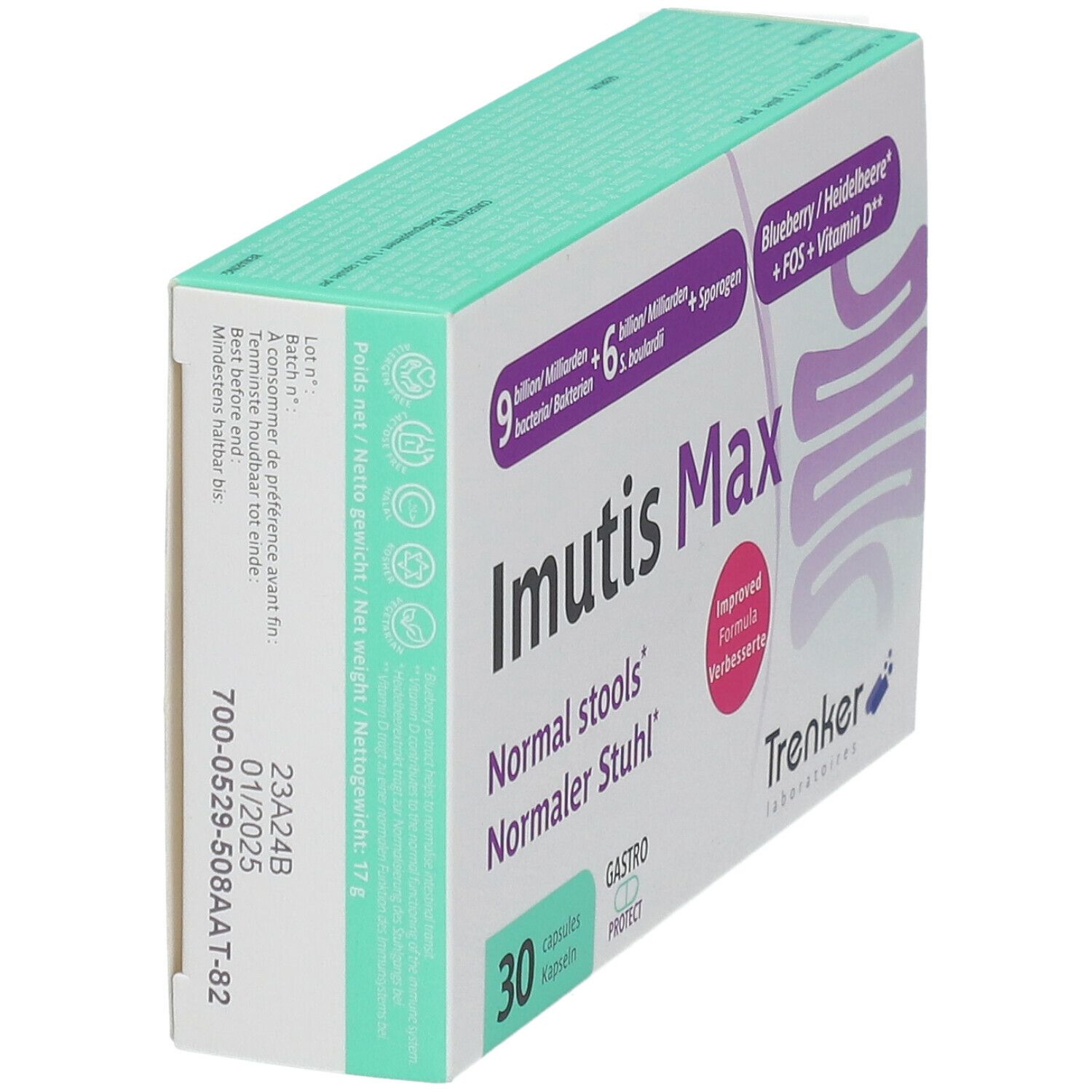 Doos Imutis Max, zijaanzicht. Opschrift: 30 capsules, Gastro Protect. Merk Trenker.