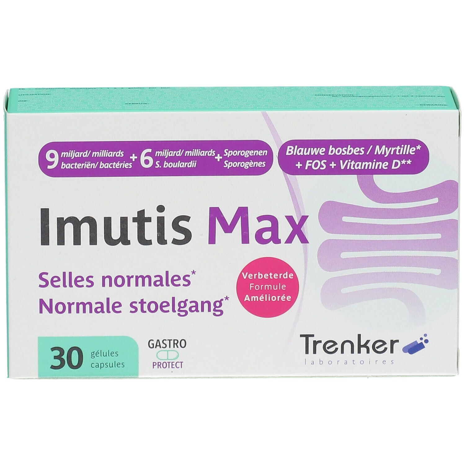 Doos Imutis Max met 30 capsules. Opschrift: Selles normales, Normale stoelgang. Merk Trenker.