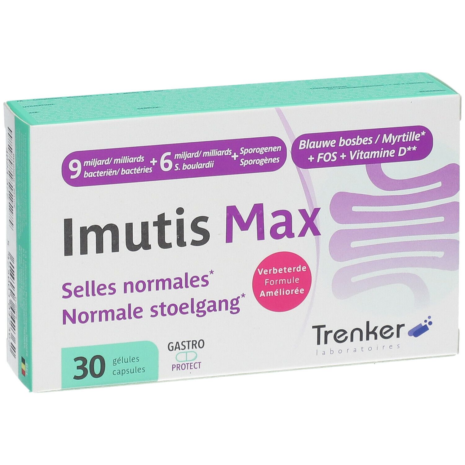 Doos Imutis Max met 30 capsules. Opschrift: Selles normales, Normale stoelgang. Merk Trenker.