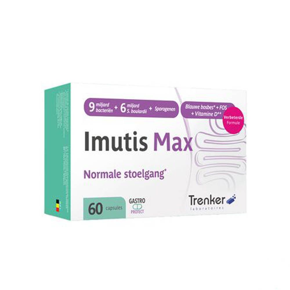 Doos Imutis Max met 60 capsules. Opschrift: 9 miljard bacteriën, 6 miljard S. boulardii, bosbessen, FOS, vitamine D. Merk Trenker.