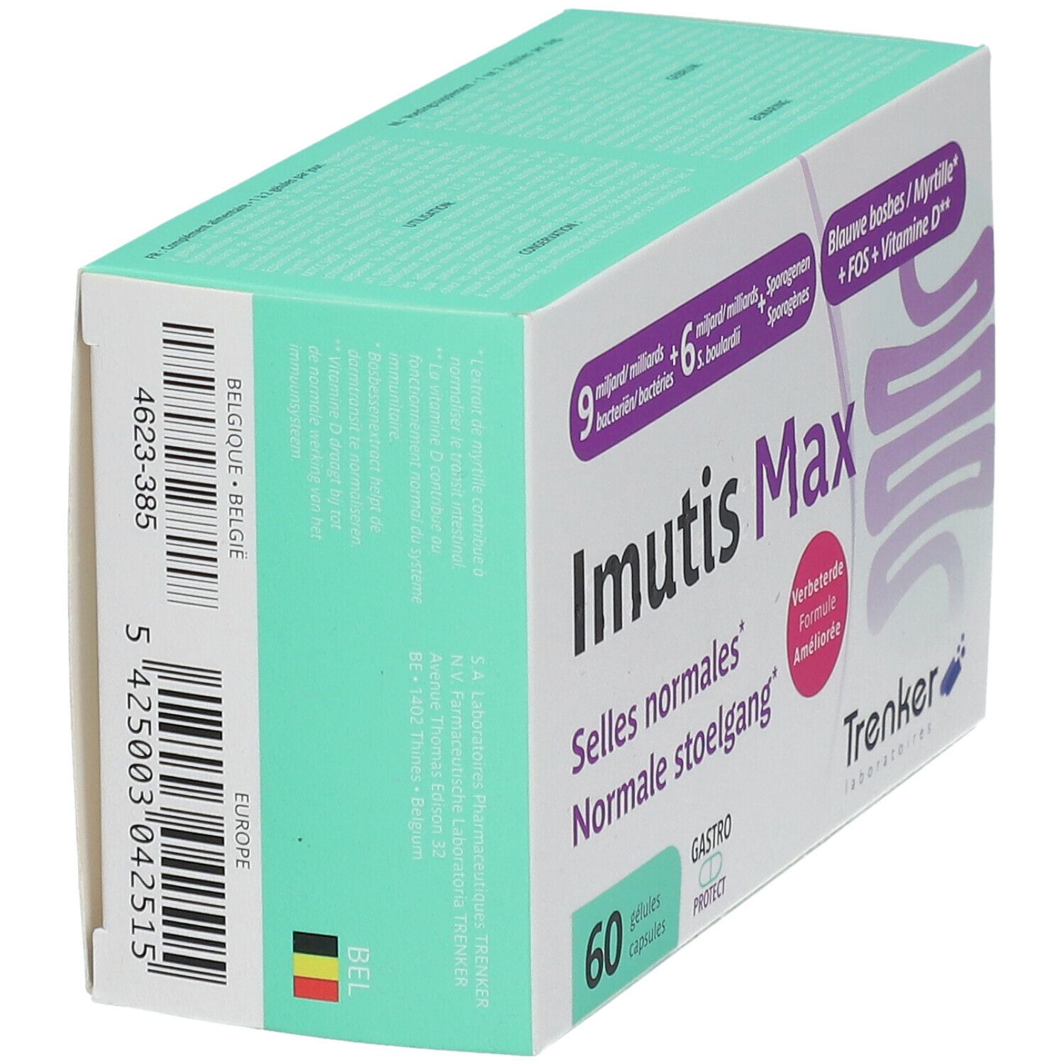 Schuine doos Imutis Max. Opschrift: 9 miljard bacteriën, 6 miljard S. boulardii, bosbessen, FOS, vitamine D. Merk Trenker. 60 capsules.