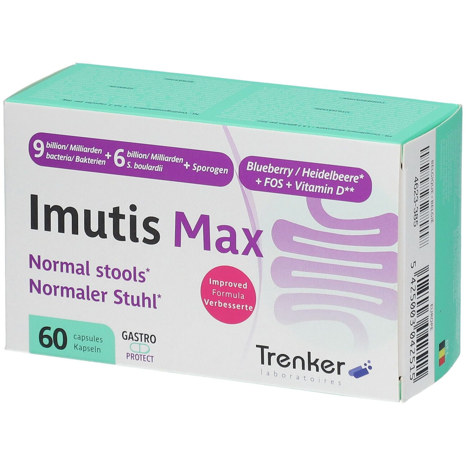 Doos Imutis Max met 60 capsules. Opschrift: 9 miljard bacteriën, 6 miljard S. boulardii, bosbessen, FOS, vitamine D. Merk Trenker.