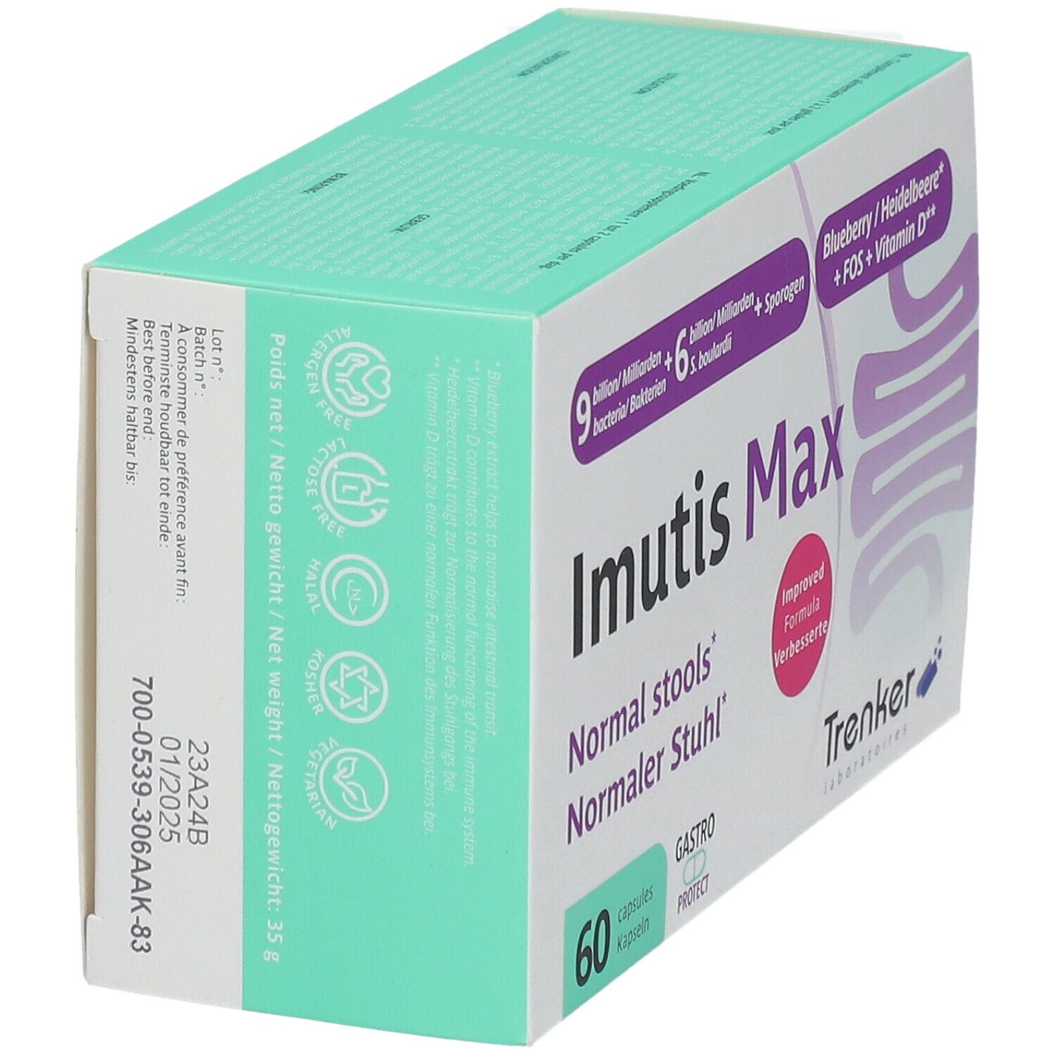 Schuine doos Imutis Max. Opschrift: 9 miljard bacteriën, 6 miljard S. boulardii, bosbessen, FOS, vitamine D. Merk Trenker. 60 capsules.