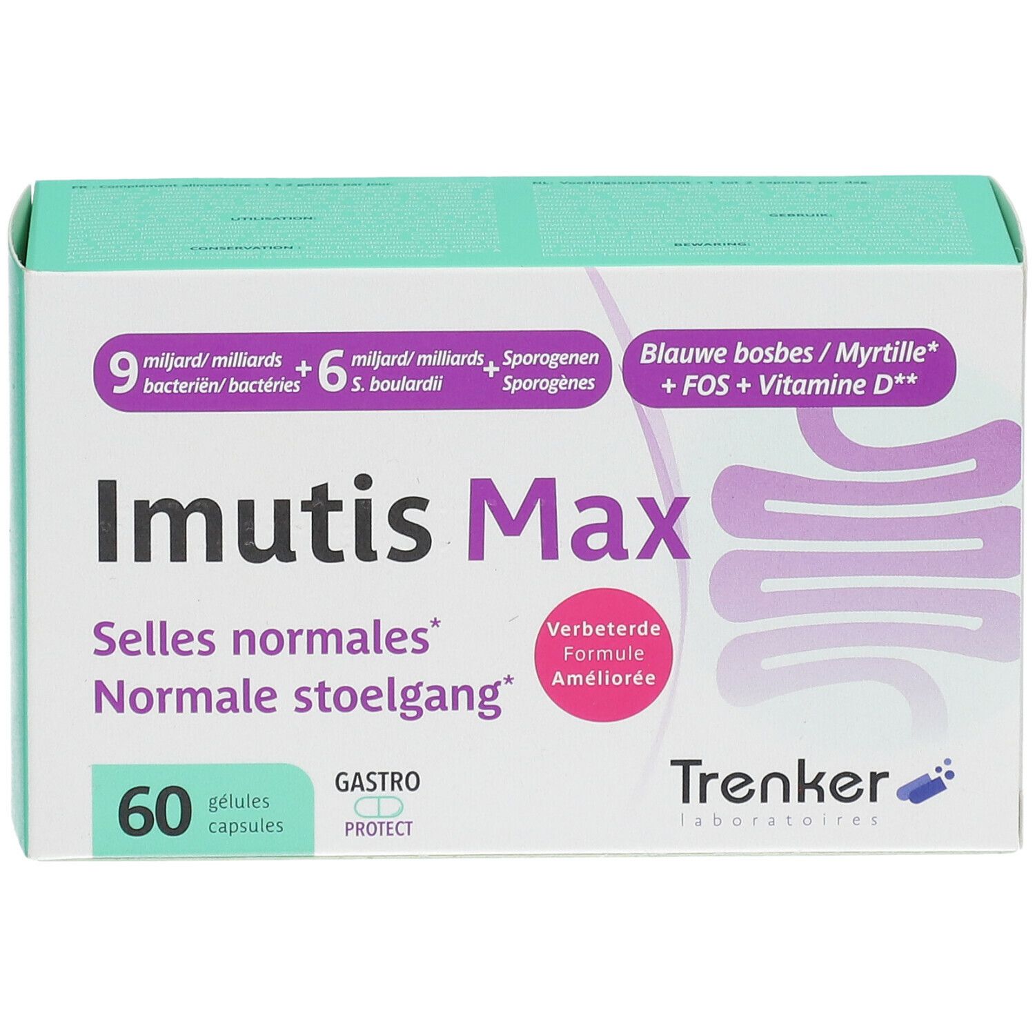 Doos Imutis Max met 60 capsules. Opschrift: 9 miljard bacteriën, 6 miljard S. boulardii, bosbessen, FOS, vitamine D. Merk Trenker.