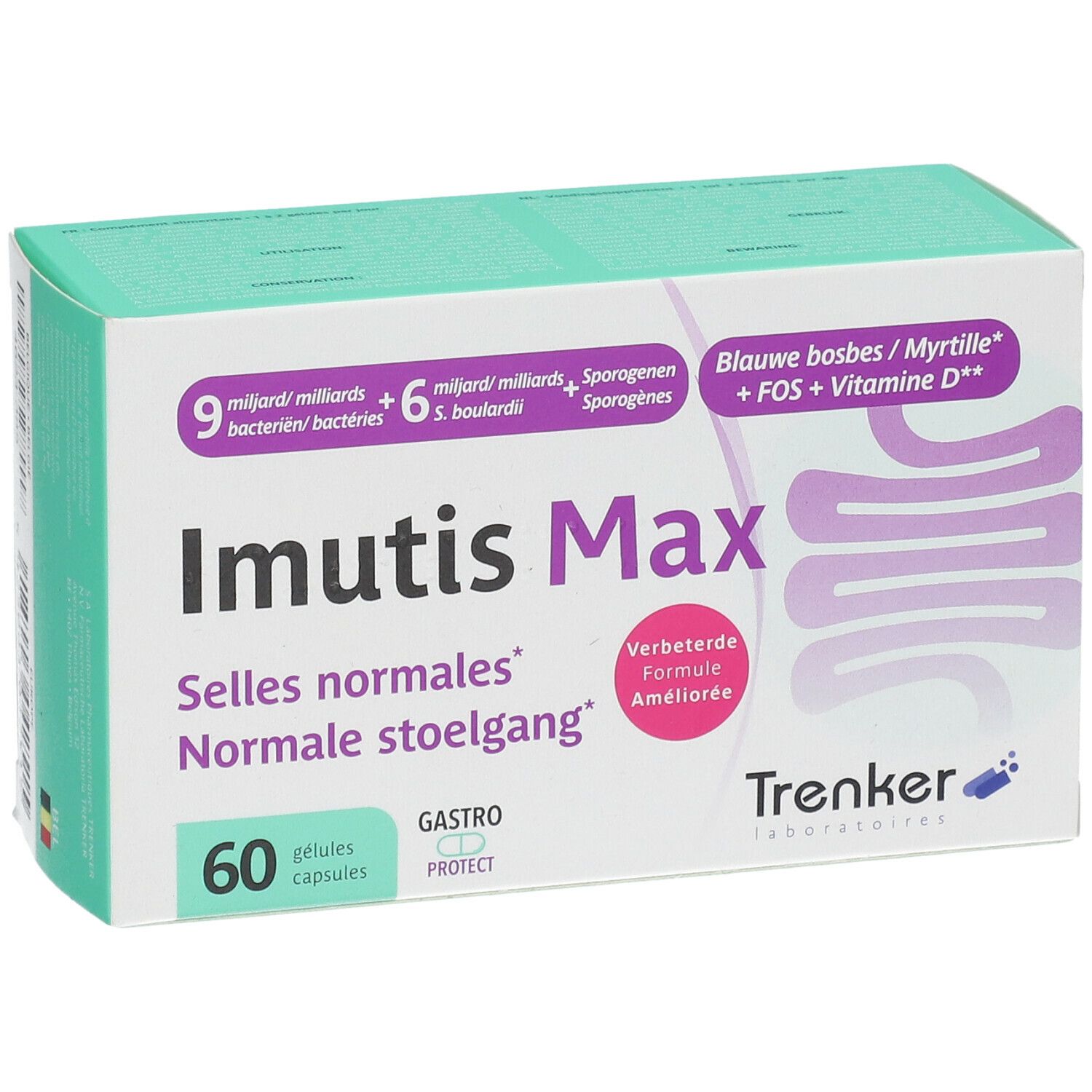 Doos Imutis Max met 60 capsules. Opschrift: 9 miljard bacteriën, 6 miljard S. boulardii, bosbessen, FOS, vitamine D. Merk Trenker.