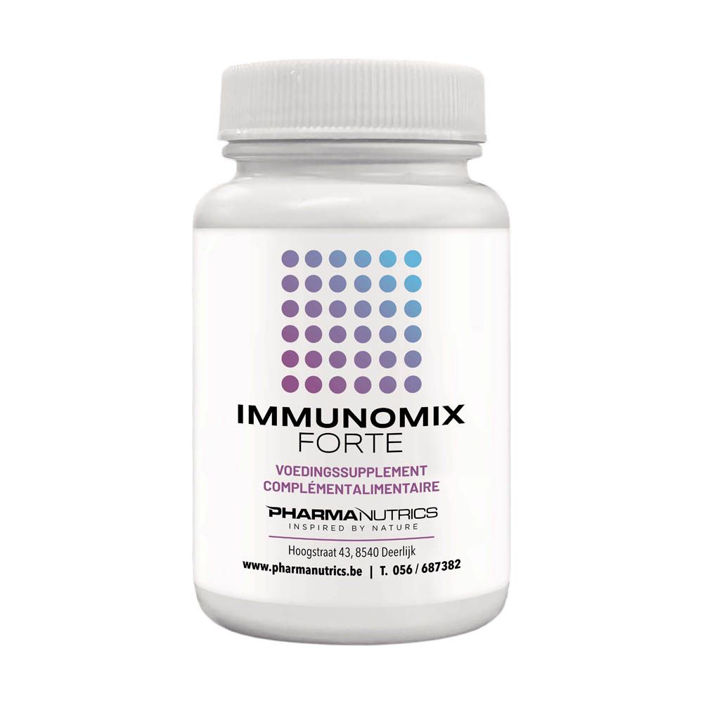 Flacon blanc avec capsules. Inscription: IMMUNOMIX FORTE, VOEDINGSSUPPLEMENT, COMPLÉMENT ALIMENTAIRE. Marque: PharmaNutrics.