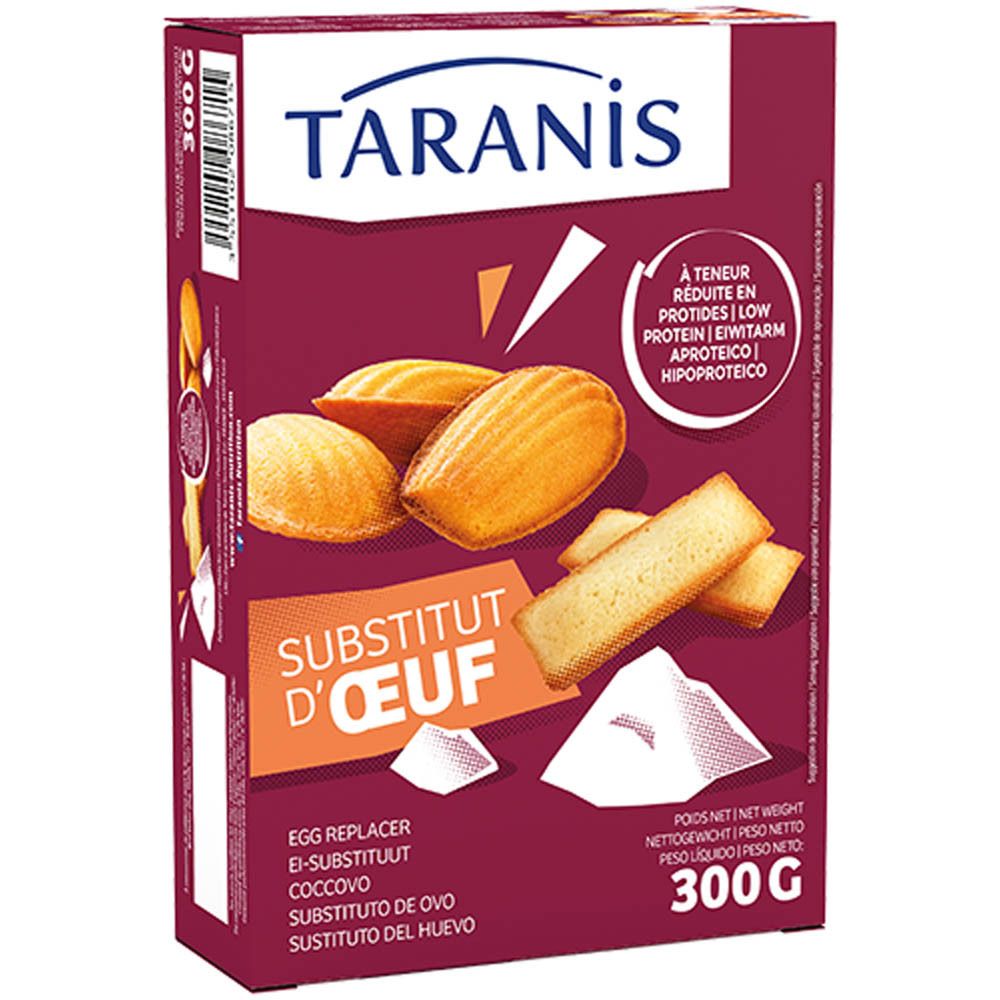 Boîte TARANIS Ei-Ersatz. Rouge, avec visuels de produit et texte 'Substitut d'œuf'.