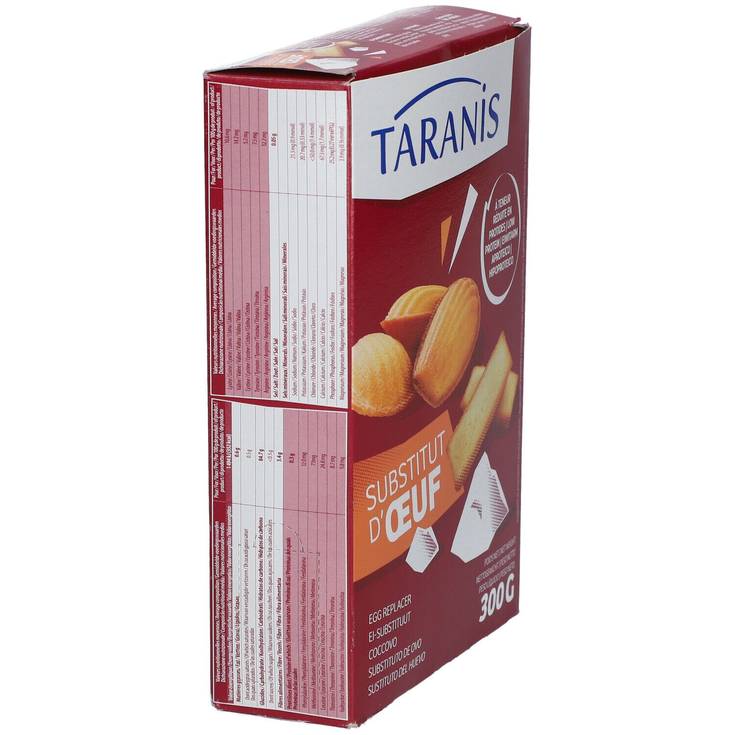 Vue latérale de la boîte TARANIS Ei-Ersatz. Rouge, avec informations produit et texte.