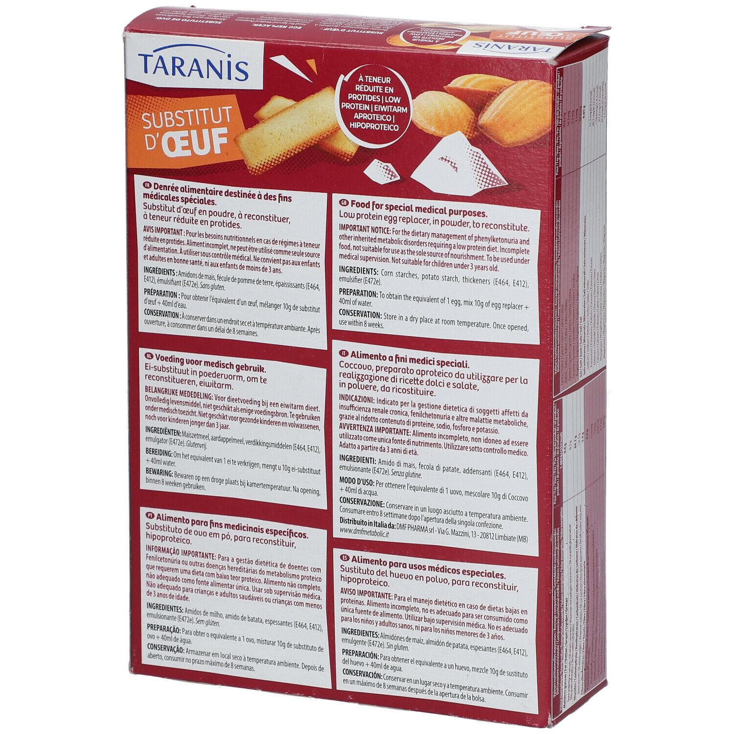 Dos de la boîte TARANIS Ei-Ersatz. Texte multilingue, informations sur le produit.