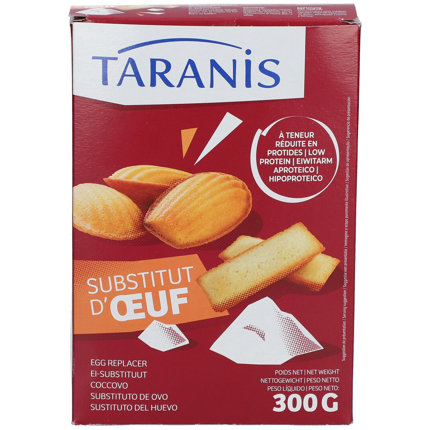 Boîte TARANIS Ei-Ersatz. Rouge, avec visuels de produit et texte 'Substitut d'œuf'.