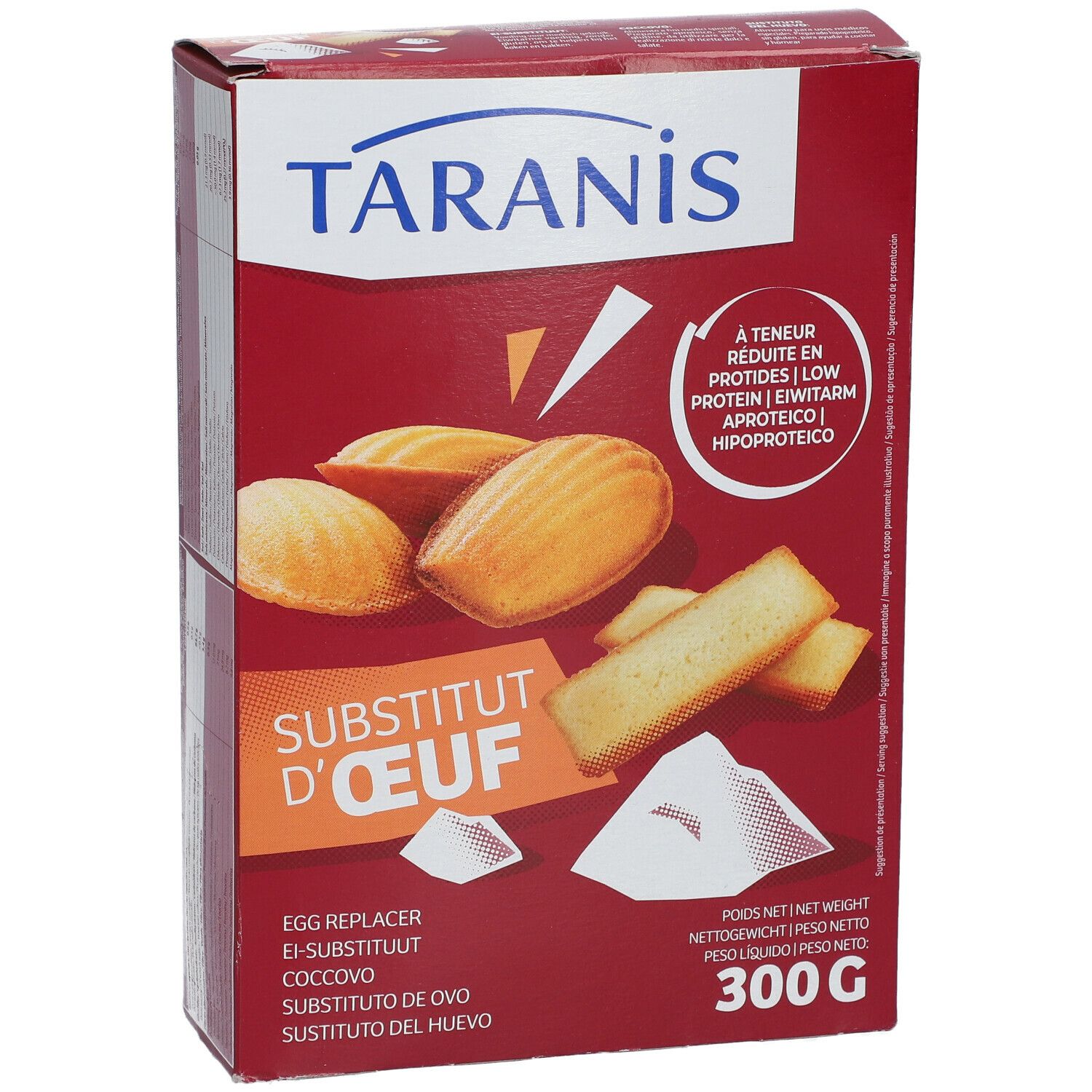 Boîte TARANIS Ei-Ersatz. Rouge, avec visuels de produit et texte 'Substitut d'œuf'.