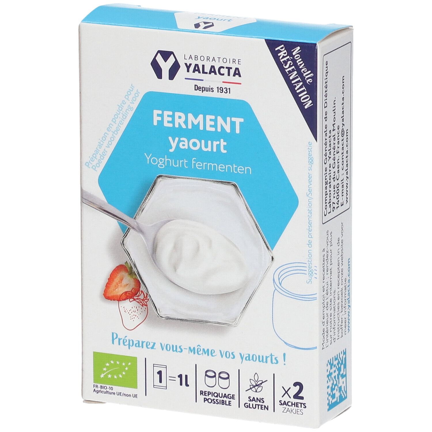 Boîte Yalacta Ferment Yaourt. Boîte blanche et bleue avec nom et logo du produit. Contient 2 sachets. Label bio.