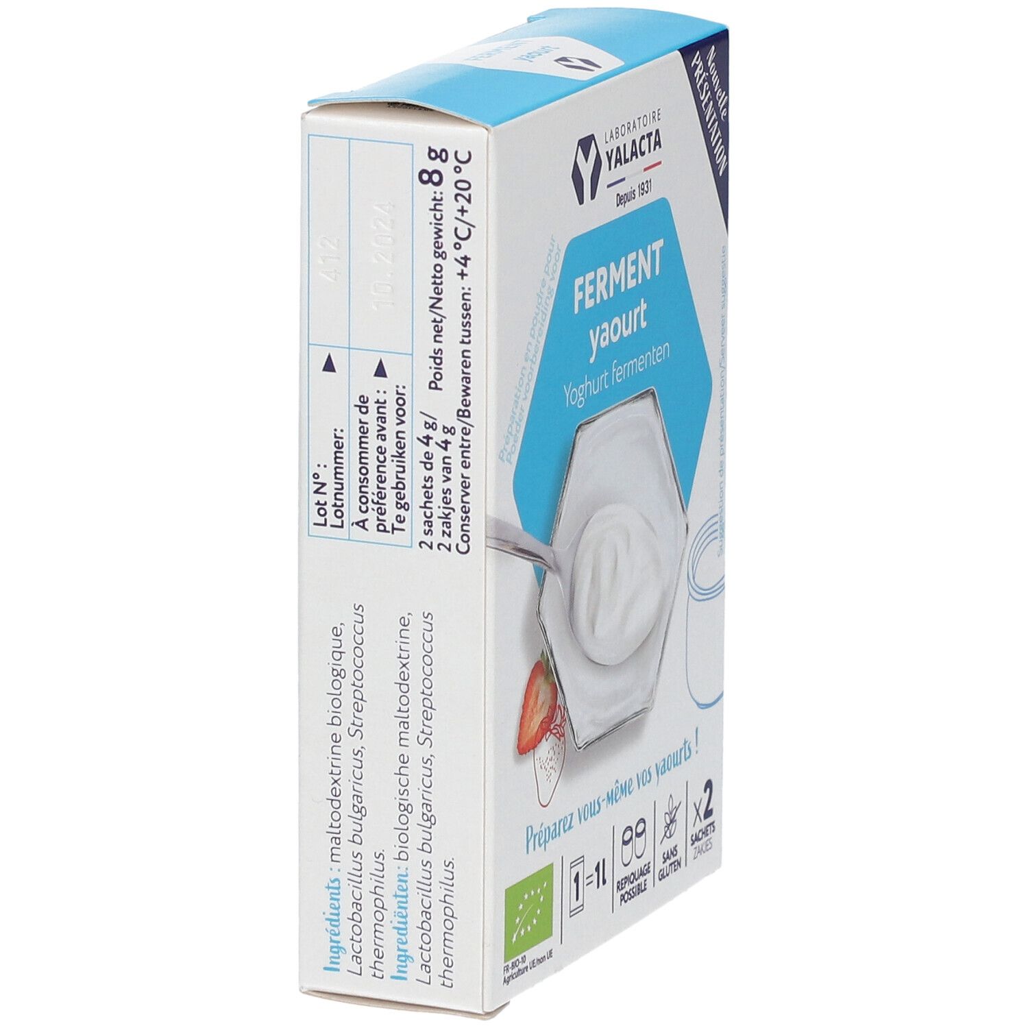 Vue latérale de l'emballage Yalacta Ferment Yaourt. Contient 2 sachets. Liste des ingrédients et informations nutritionnelles. Label bio.