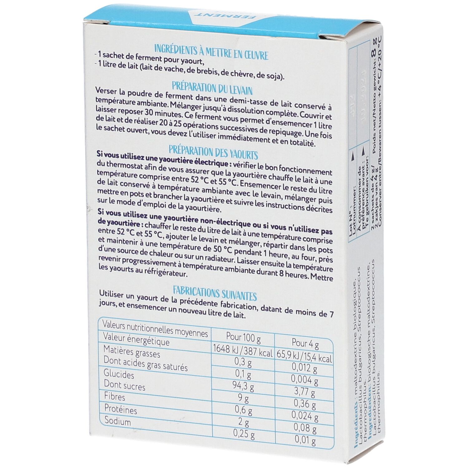 Dos de l'emballage Yalacta Ferment Yaourt. Contient des instructions de préparation. Informations nutritionnelles. Texte en français.