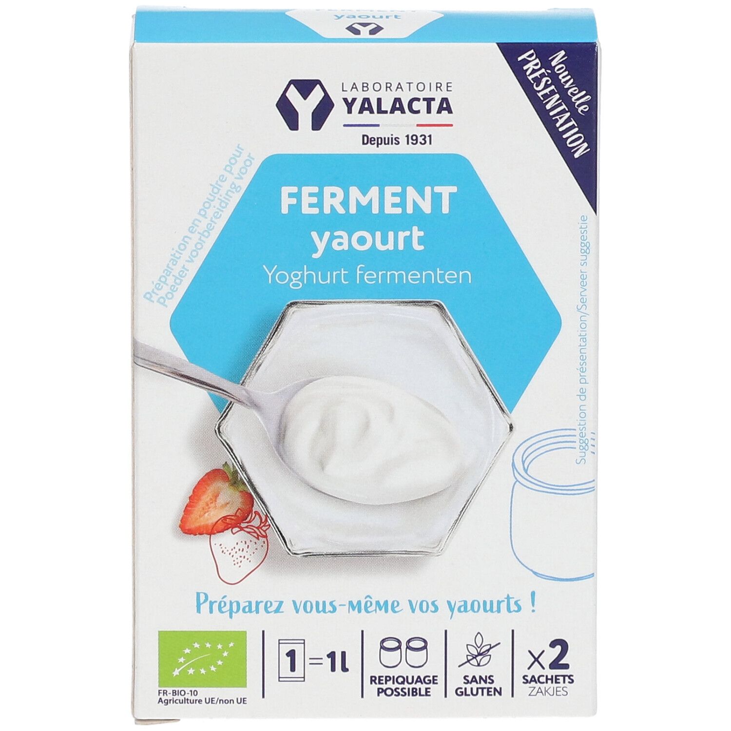 Boîte Yalacta Ferment Yaourt. Boîte blanche et bleue avec nom et logo du produit. Contient 2 sachets. Label bio.