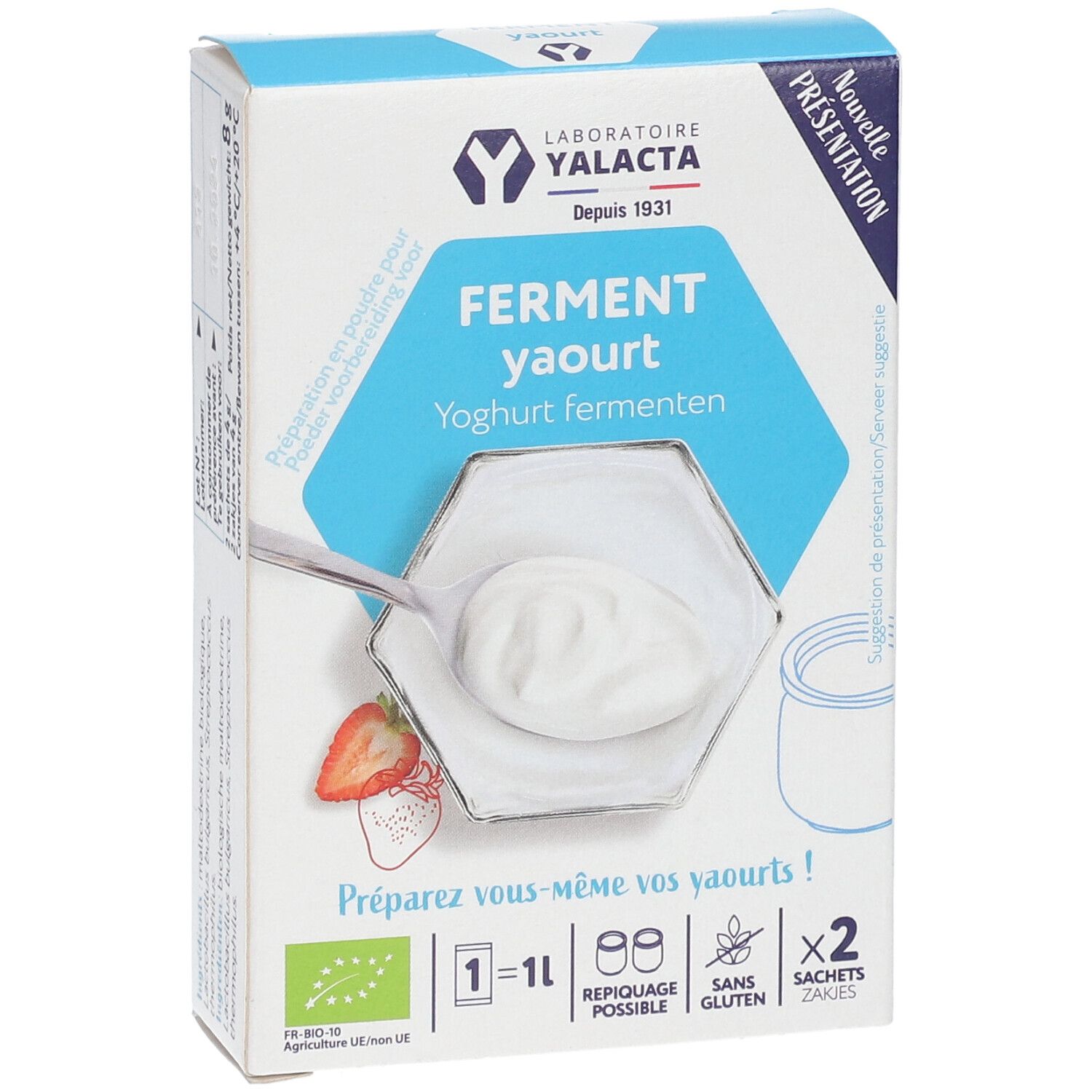 Boîte Yalacta Ferment Yaourt. Boîte blanche et bleue avec nom et logo du produit. Contient 2 sachets. Label bio.